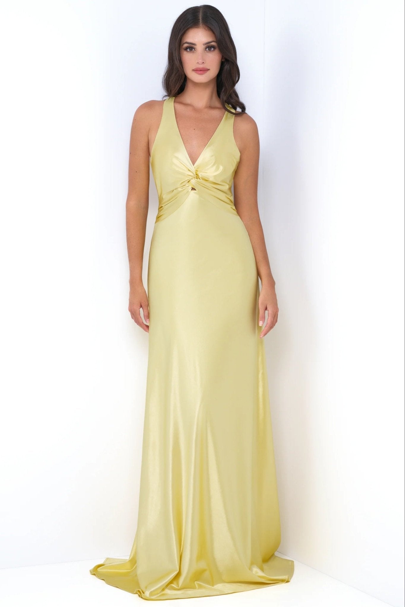 Odette Maxi Dress - Yellow - Open Back With Adjustable Bow Tie Detail - Luzilly Bridal & Apparel