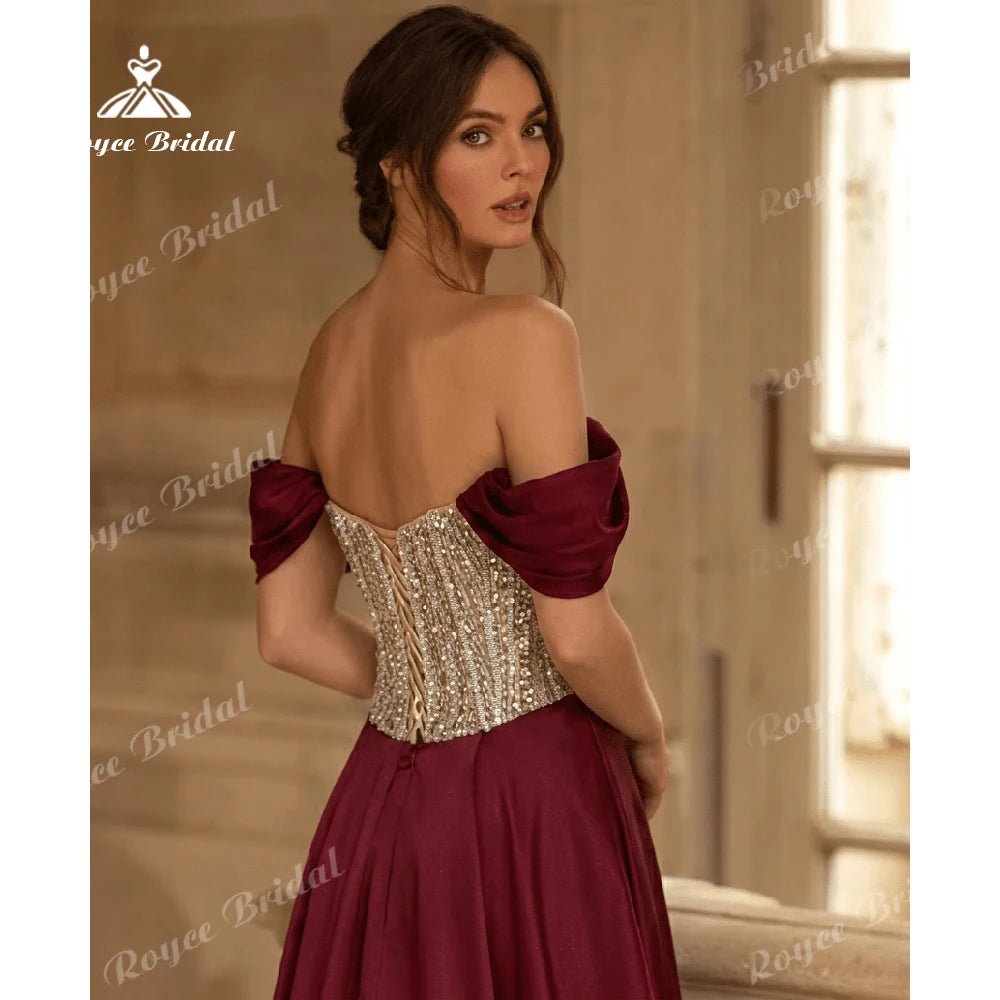 Off-Shoulder Beaded Satin Mermaid Prom Dress - Luzilly Bridal & Apparel