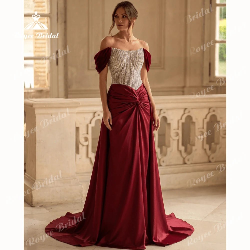Off-Shoulder Beaded Satin Mermaid Prom Dress - Luzilly Bridal & Apparel