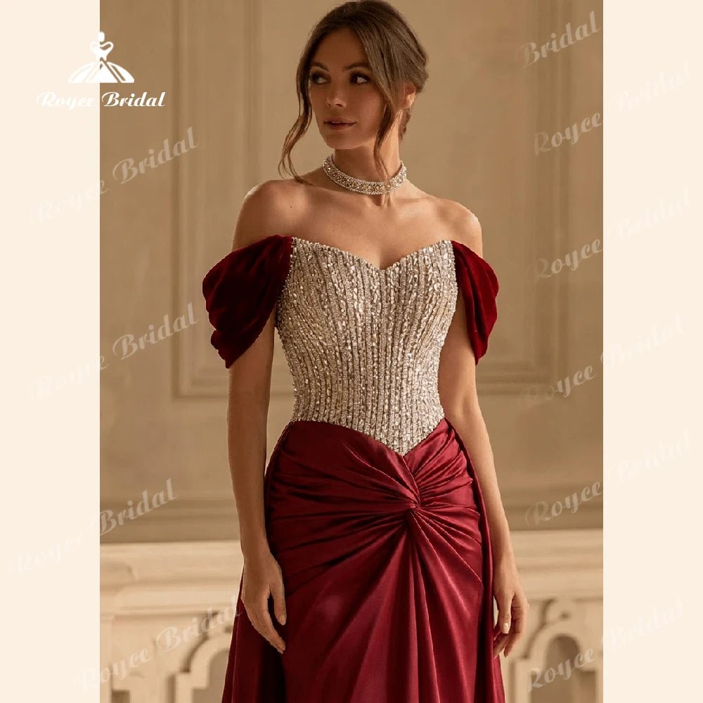 Off-Shoulder Beaded Satin Mermaid Prom Dress - Luzilly Bridal & Apparel