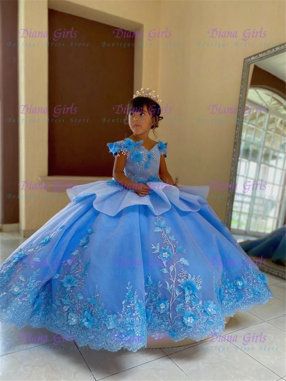 Off-Shoulder Blue Flower Girl Dress - Luzilly Bridal & Apparel