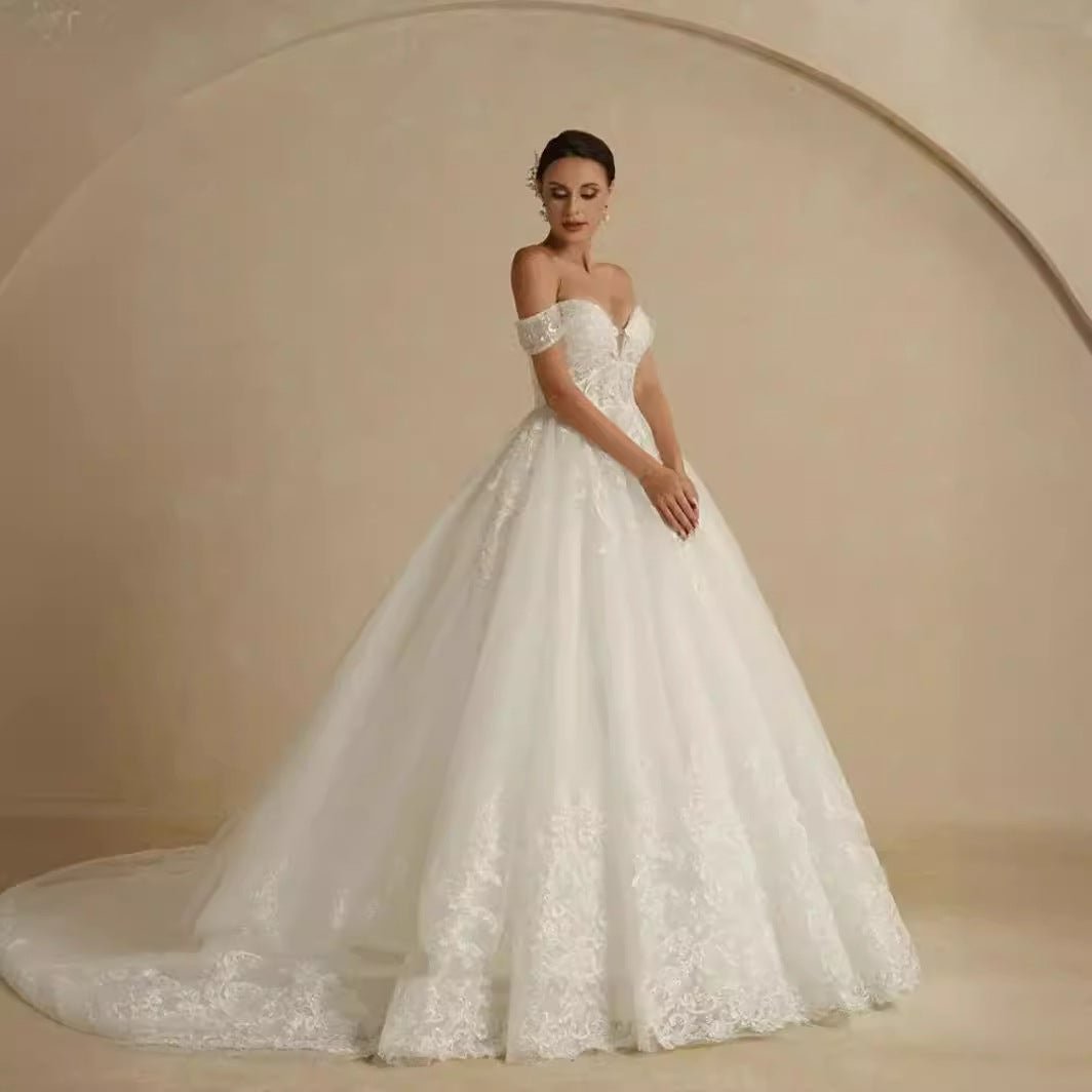 Off-shoulder Bridal Main Wedding Dress Elegant Court Style High-grade Luxury French Light Door Yarn - Luzilly Bridal & Apparel