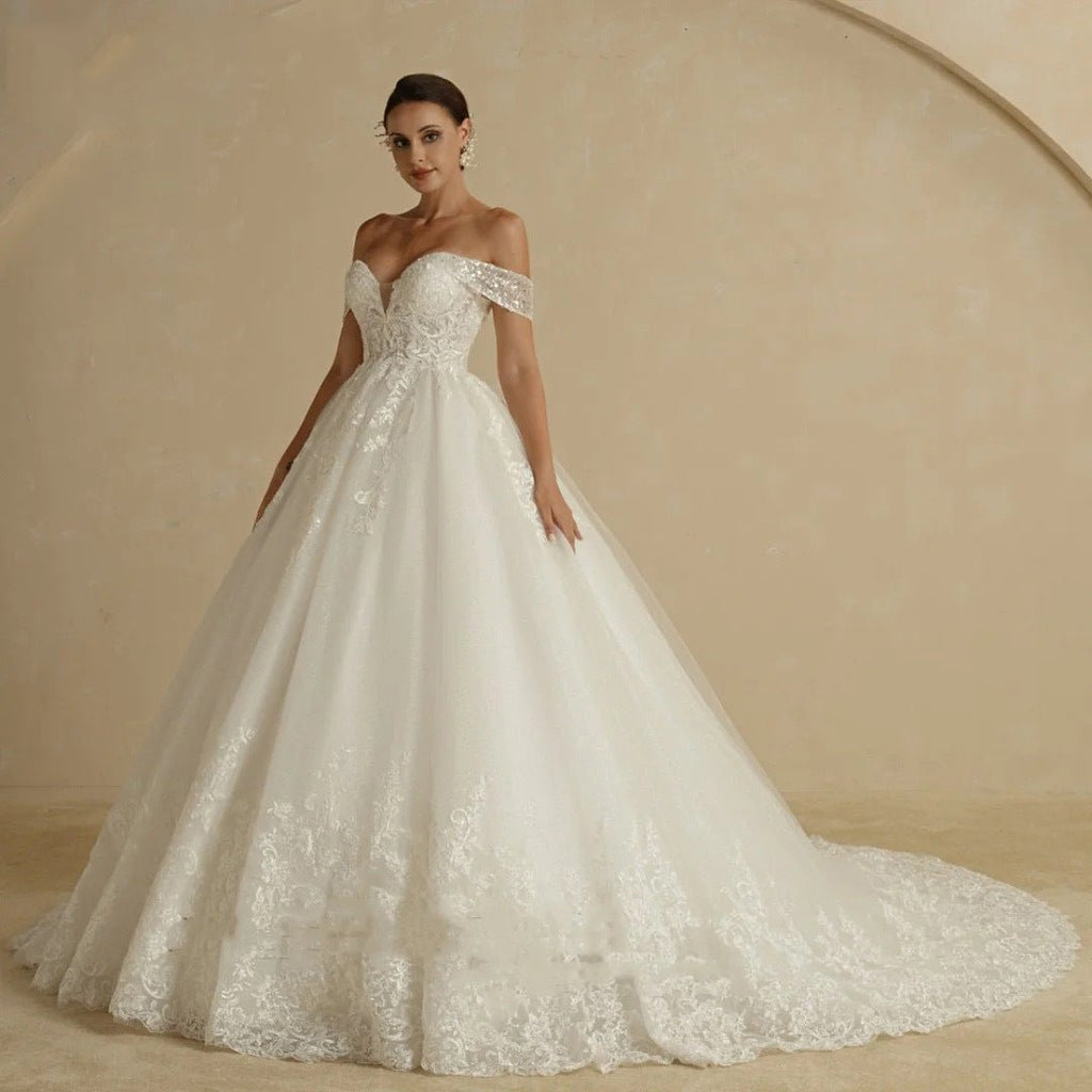 Off-shoulder Bridal Main Wedding Dress Elegant Court Style High-grade Luxury French Light Door Yarn - Luzilly Bridal & Apparel