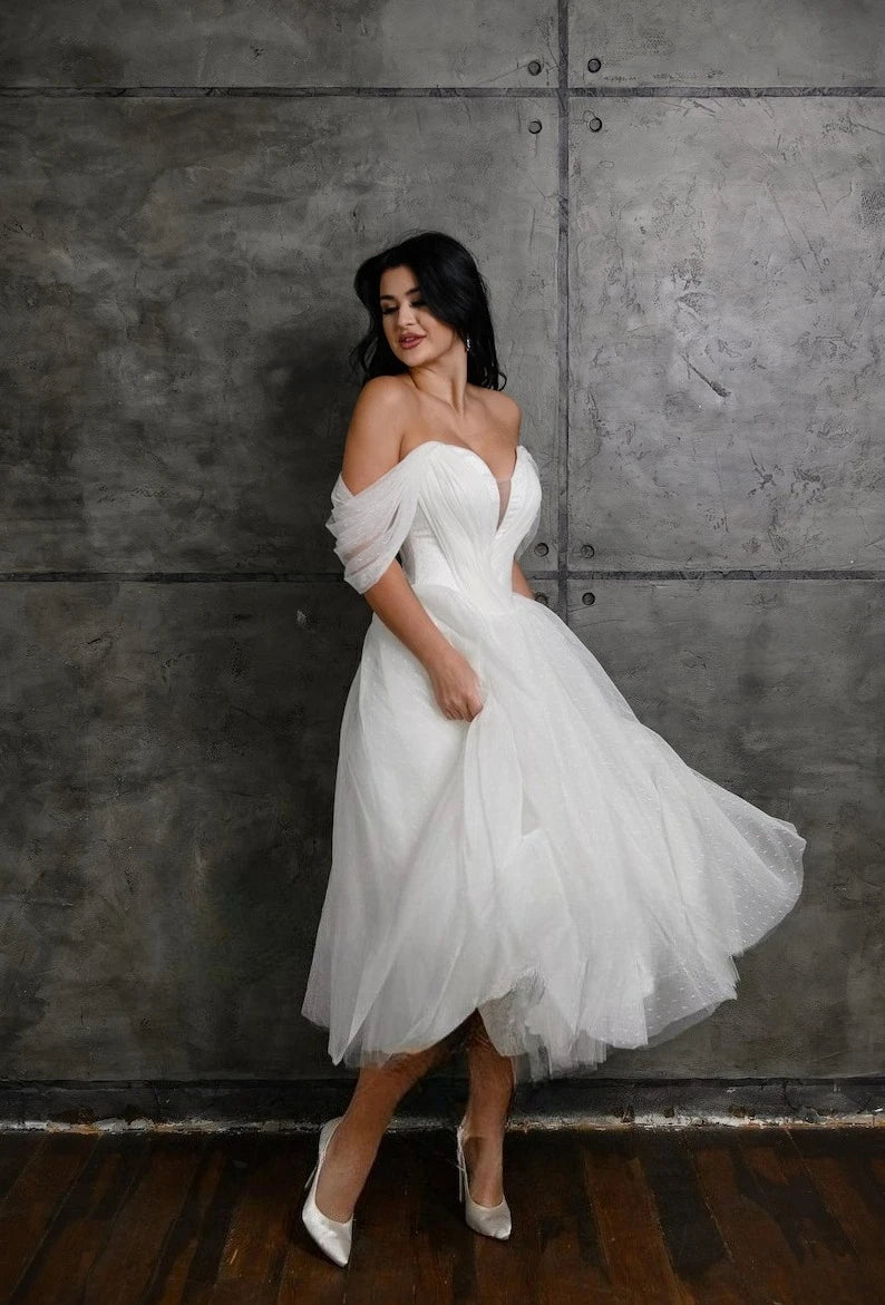 Off-Shoulder Corset Tea-Length Tulle Wedding Dress - Luzilly Bridal & Apparel