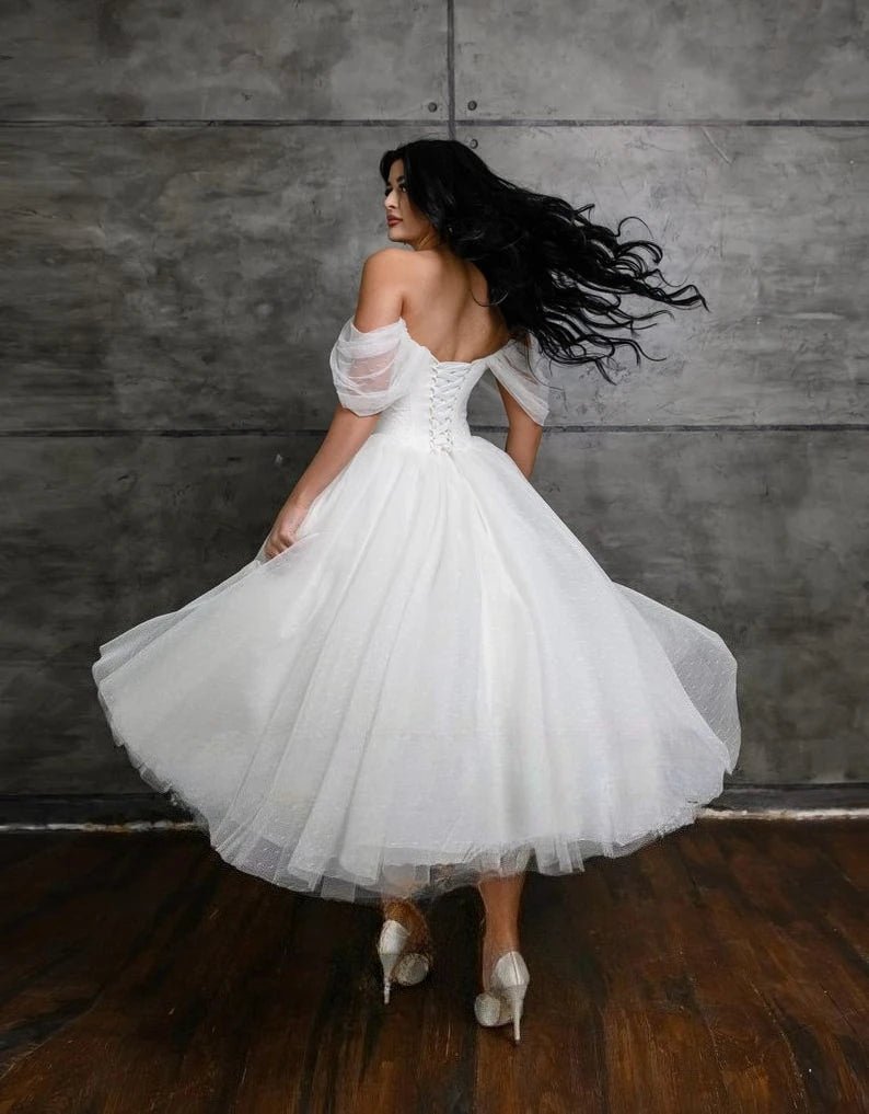 Off-Shoulder Corset Tea-Length Tulle Wedding Dress - Luzilly Bridal & Apparel