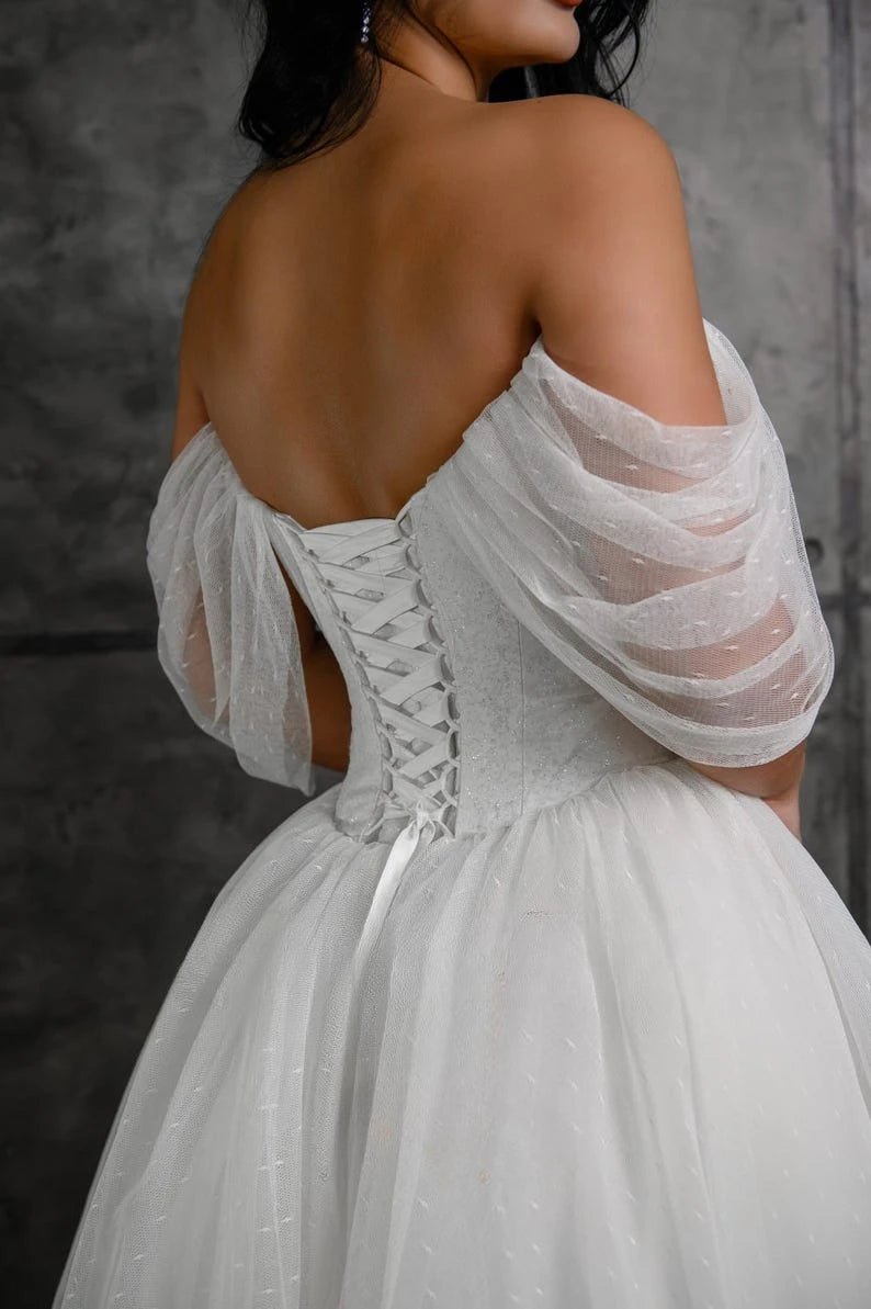Off-Shoulder Corset Tea-Length Tulle Wedding Dress - Luzilly Bridal & Apparel
