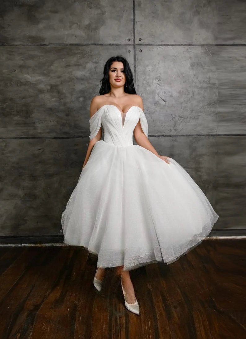 Off-Shoulder Corset Tea-Length Tulle Wedding Dress - Luzilly Bridal & Apparel