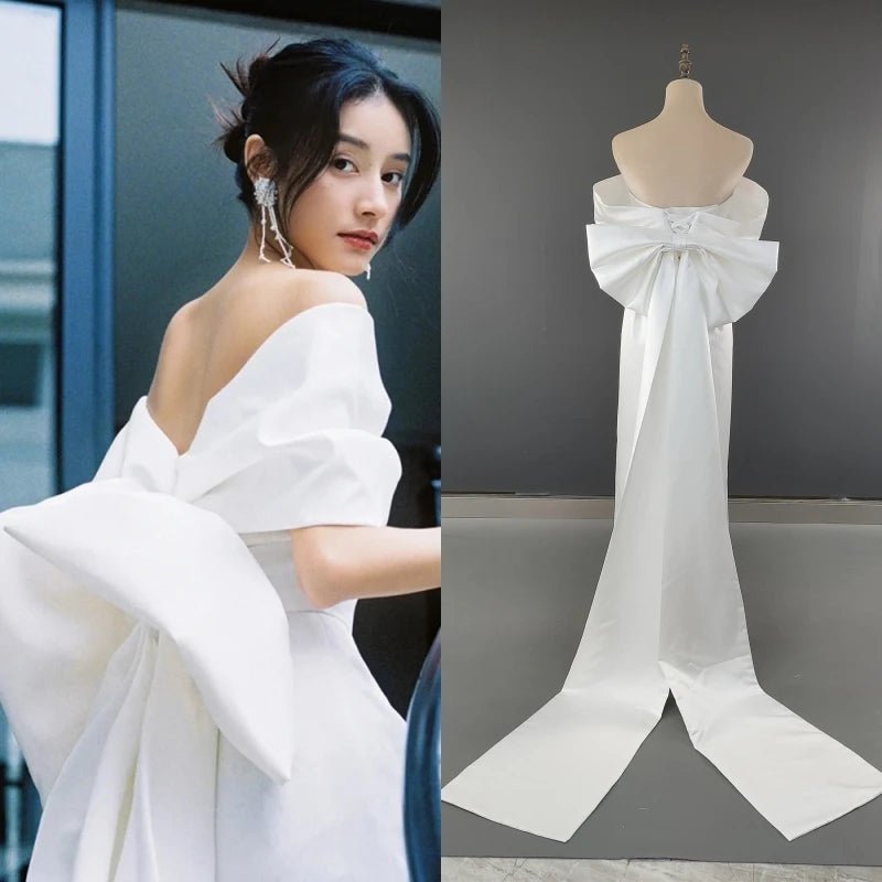 Off-Shoulder Detachable-Bow Satin Sheath Wedding Dress - Luzilly Bridal & Apparel