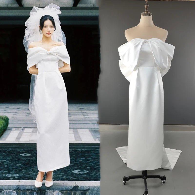 Off-Shoulder Detachable-Bow Satin Sheath Wedding Dress - Luzilly Bridal & Apparel