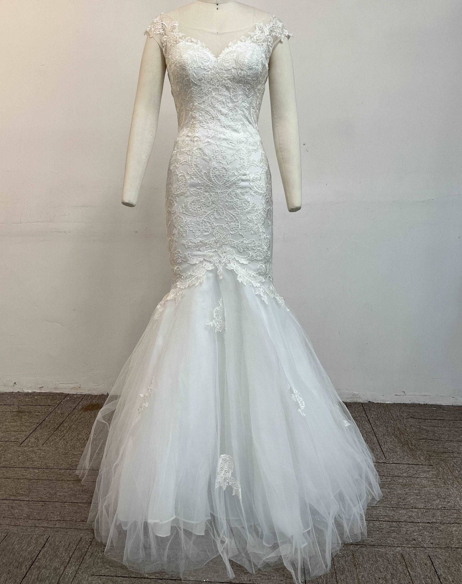 Off-Shoulder Embroidered Lace Mermaid Wedding Gown - Luzilly Bridal & Apparel