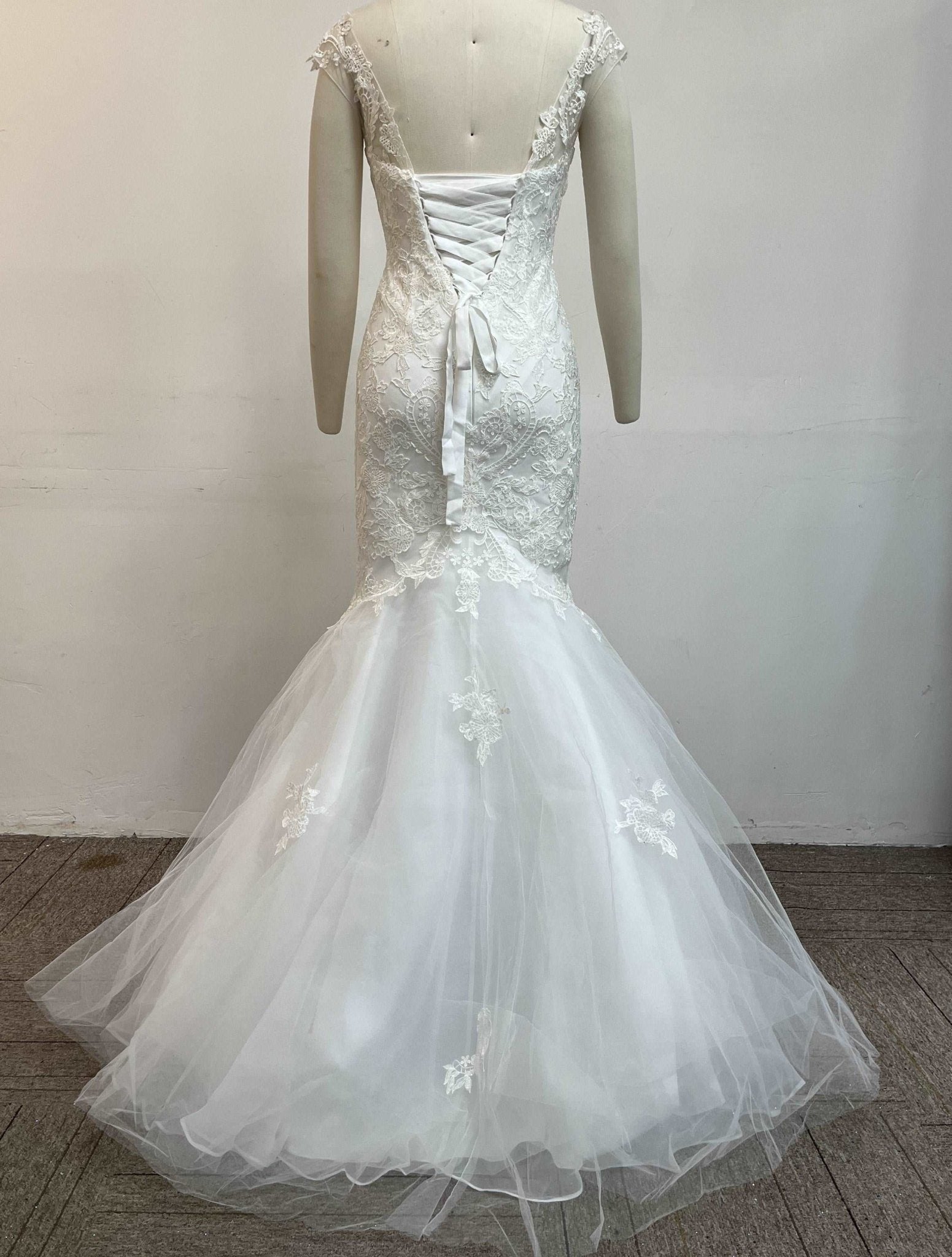 Off-Shoulder Embroidered Lace Mermaid Wedding Gown - Luzilly Bridal & Apparel