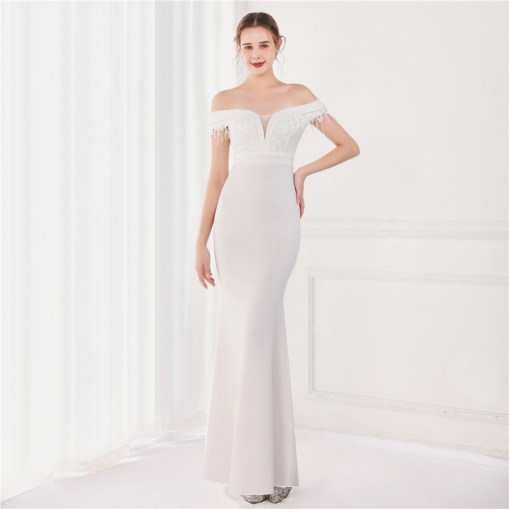 Off-Shoulder Fringe Fishtail Party Dress - Luzilly Bridal & Apparel