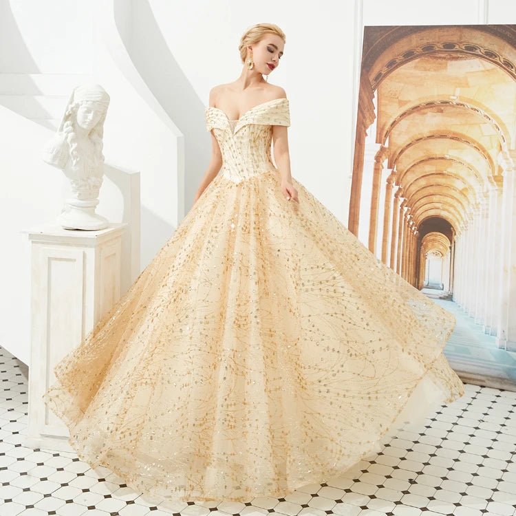 Off-Shoulder Gold Sequin Ball Gown - Luzilly Bridal & Apparel