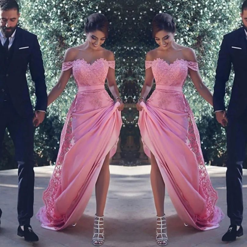 Off-Shoulder Lace Appliqué A-Line Bridesmaid Dress - Luzilly Bridal & Apparel