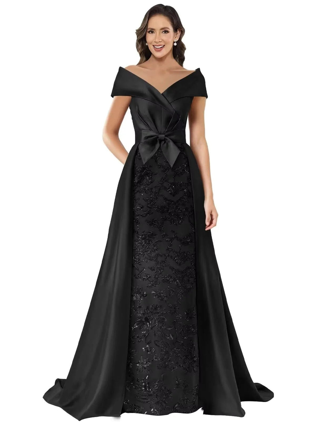 Off-Shoulder Lace Appliqué Mother of the Bride Dress - Luzilly Bridal & Apparel
