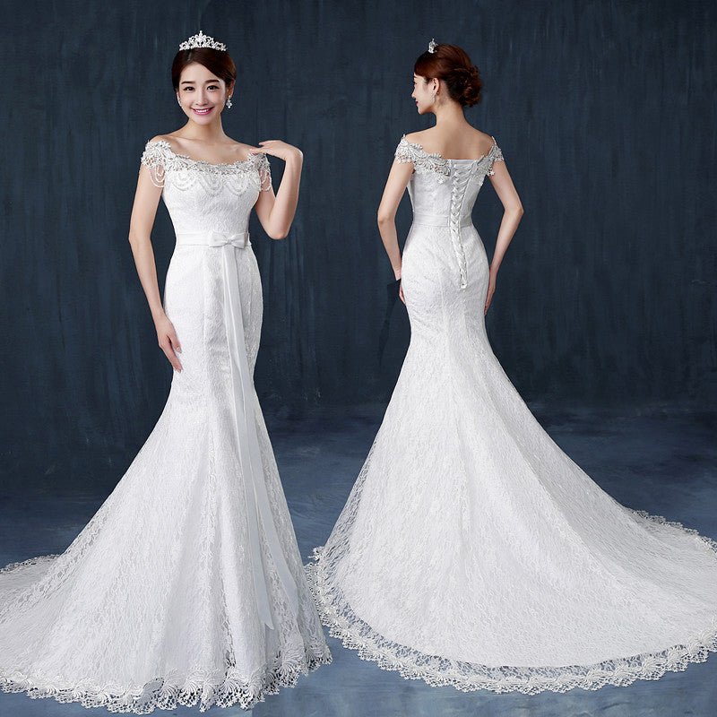 Off-Shoulder Lace Fishtail Wedding Dress - Luzilly Bridal & Apparel