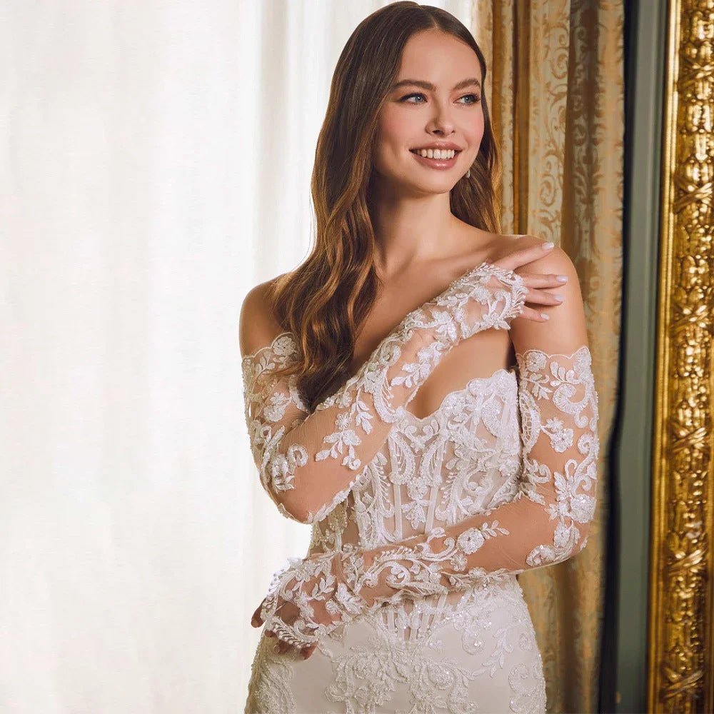 Off-shoulder Lace Long Sleeve Fishtail Gown - Luzilly Bridal & Apparel