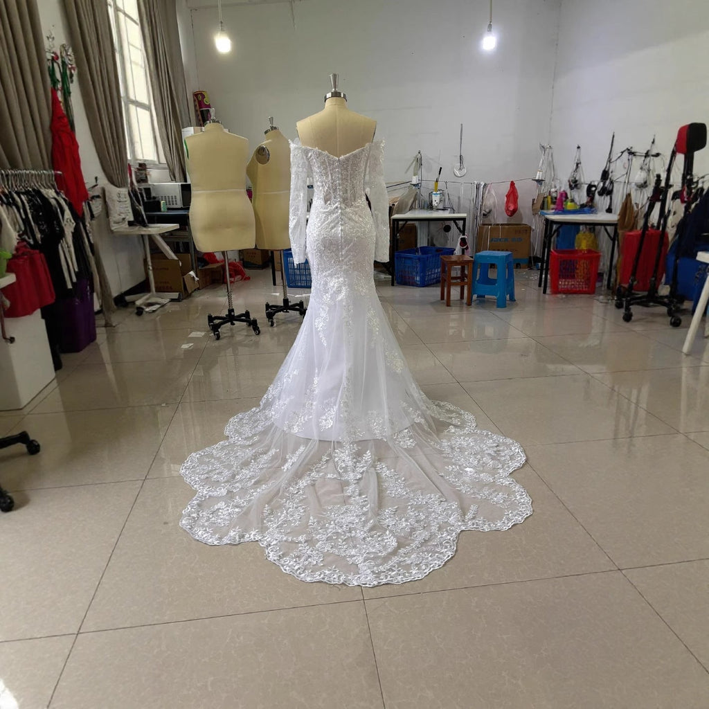 Off-shoulder Lace Long Sleeve Fishtail Gown - Luzilly Bridal & Apparel