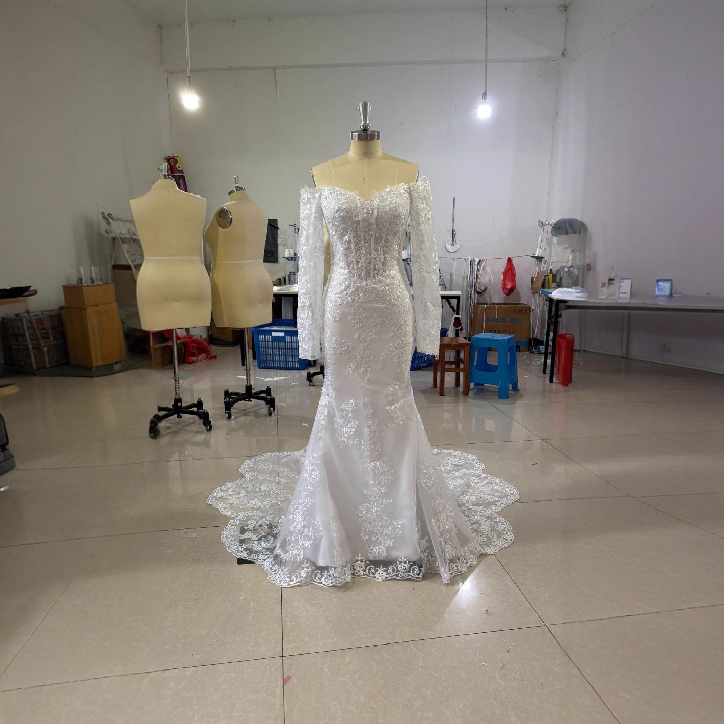 Off-shoulder Lace Long Sleeve Fishtail Gown - Luzilly Bridal & Apparel