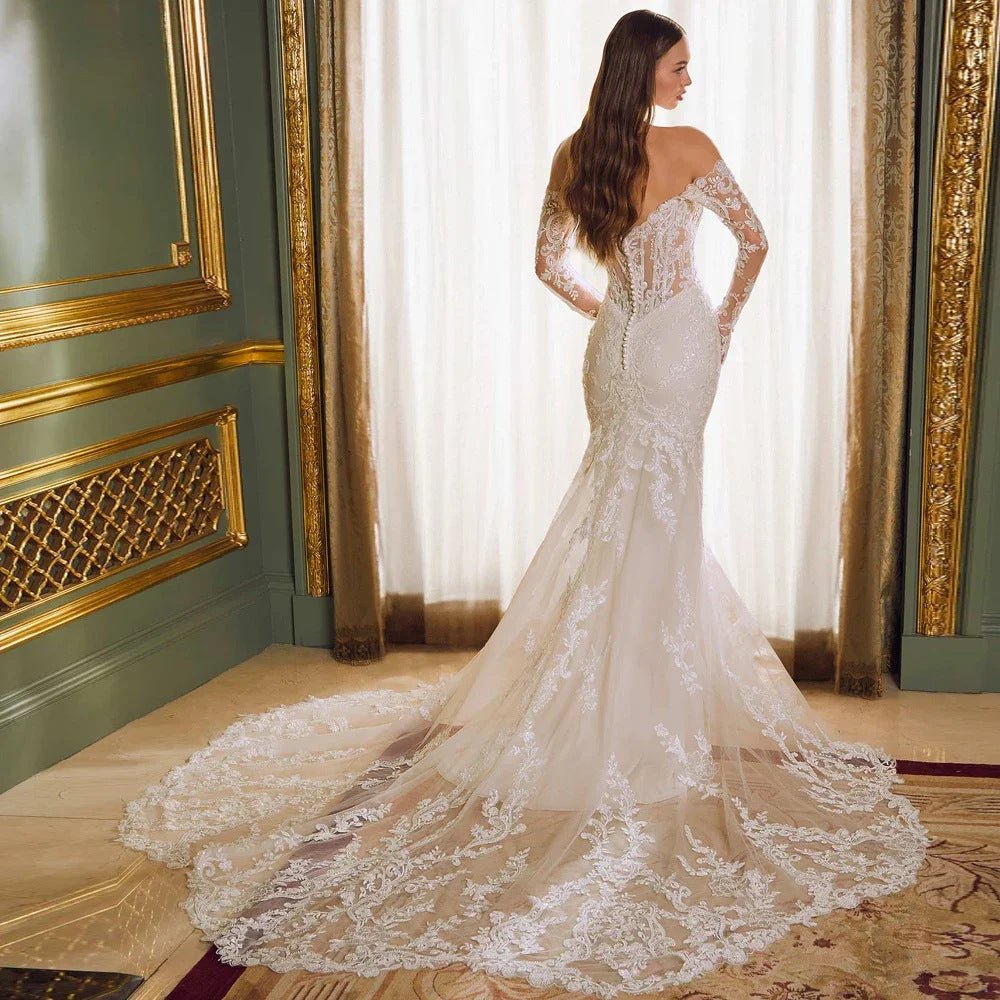 Off-shoulder Lace Long Sleeve Fishtail Gown - Luzilly Bridal & Apparel