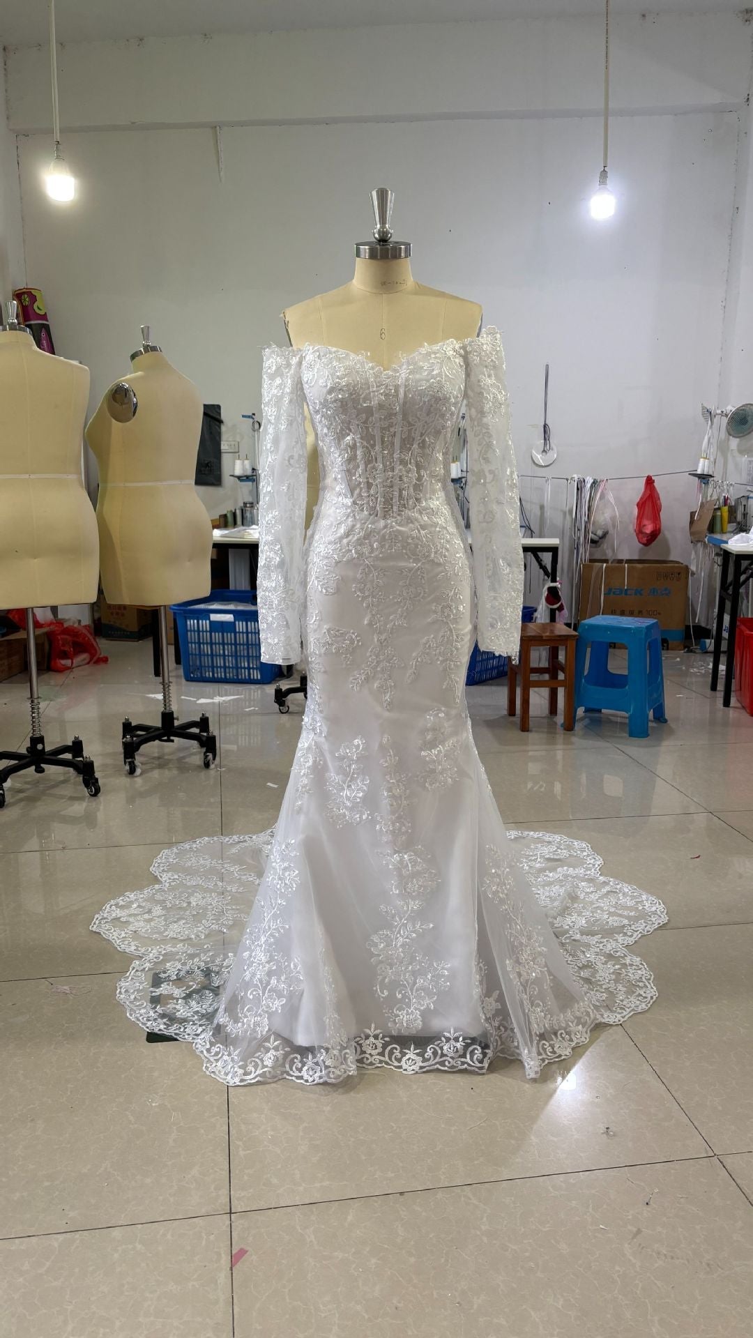 Off-shoulder Lace Long Sleeve Fishtail Gown - Luzilly Bridal & Apparel