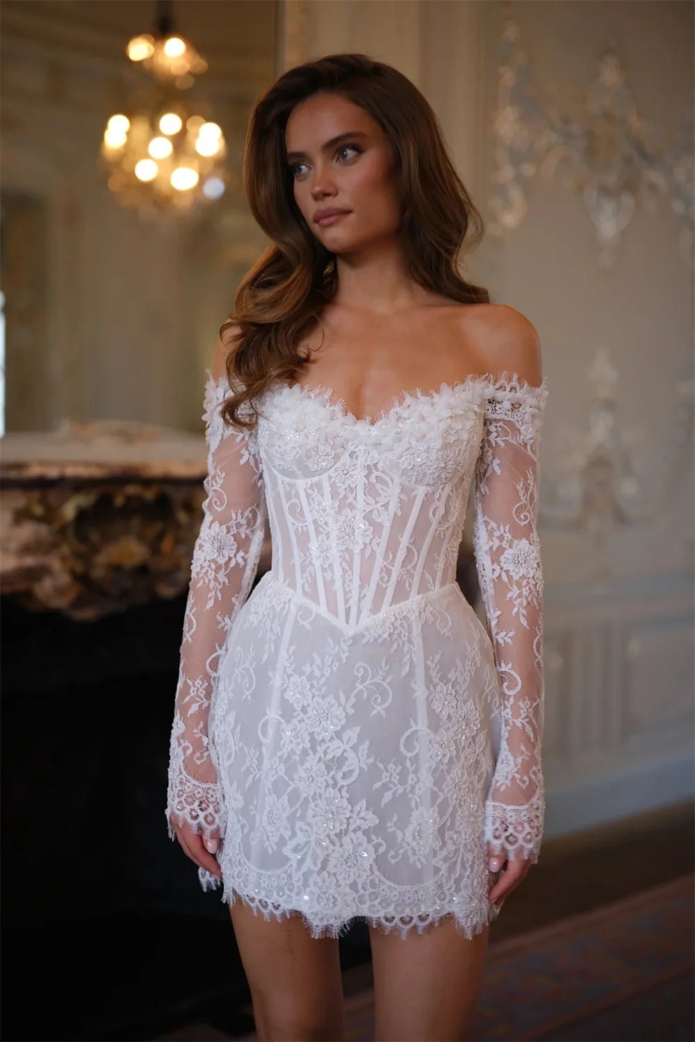 Off-Shoulder Lace Mini Wedding Dress with Lace-Up Back - Luzilly Bridal & Apparel