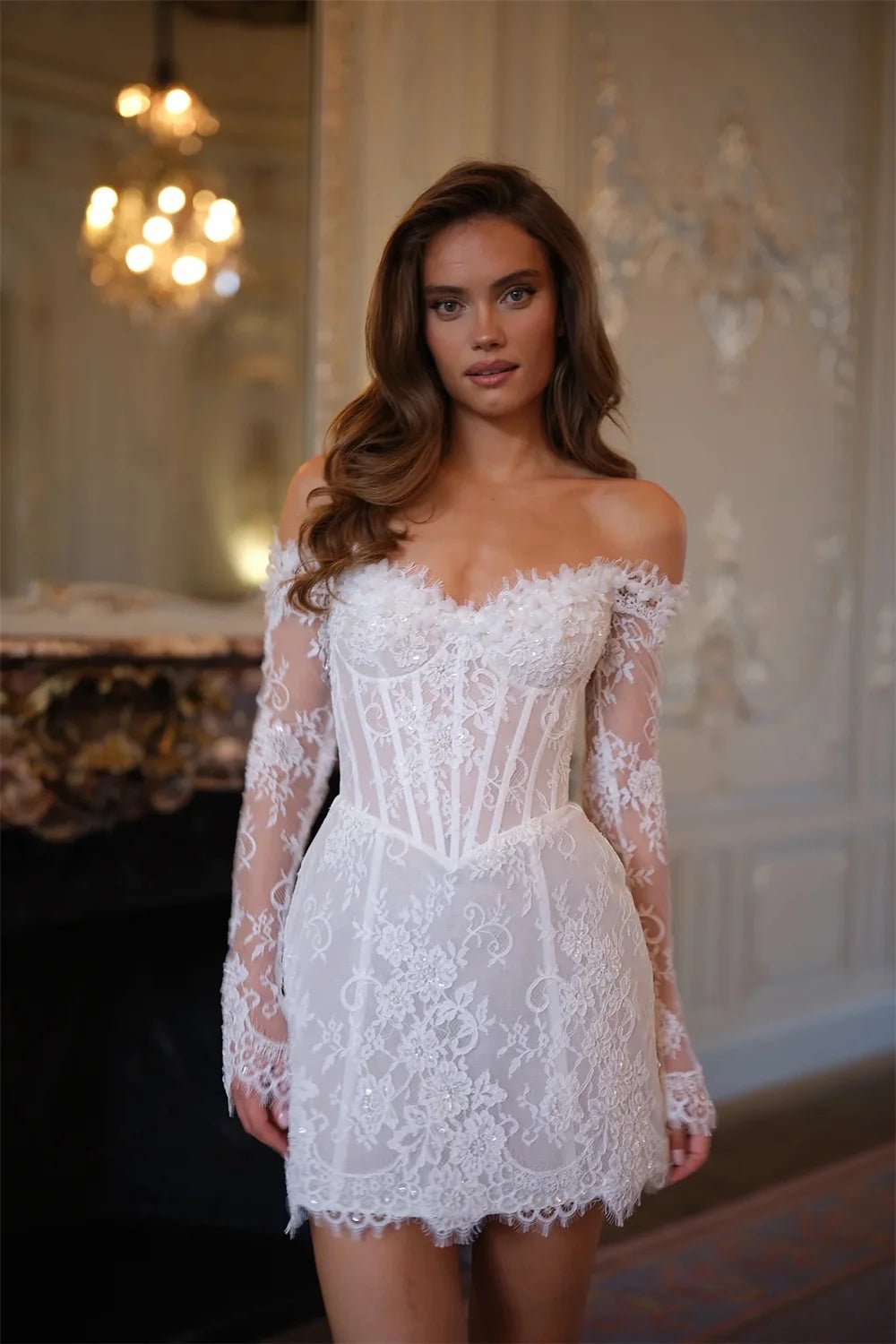 Off-Shoulder Lace Mini Wedding Dress with Lace-Up Back - Luzilly Bridal & Apparel