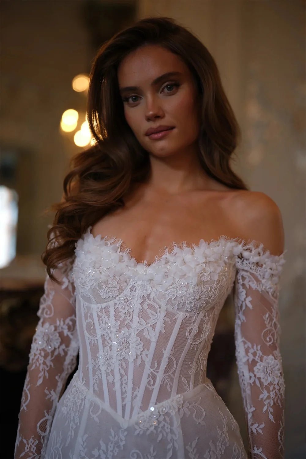 Off-Shoulder Lace Mini Wedding Dress with Lace-Up Back - Luzilly Bridal & Apparel