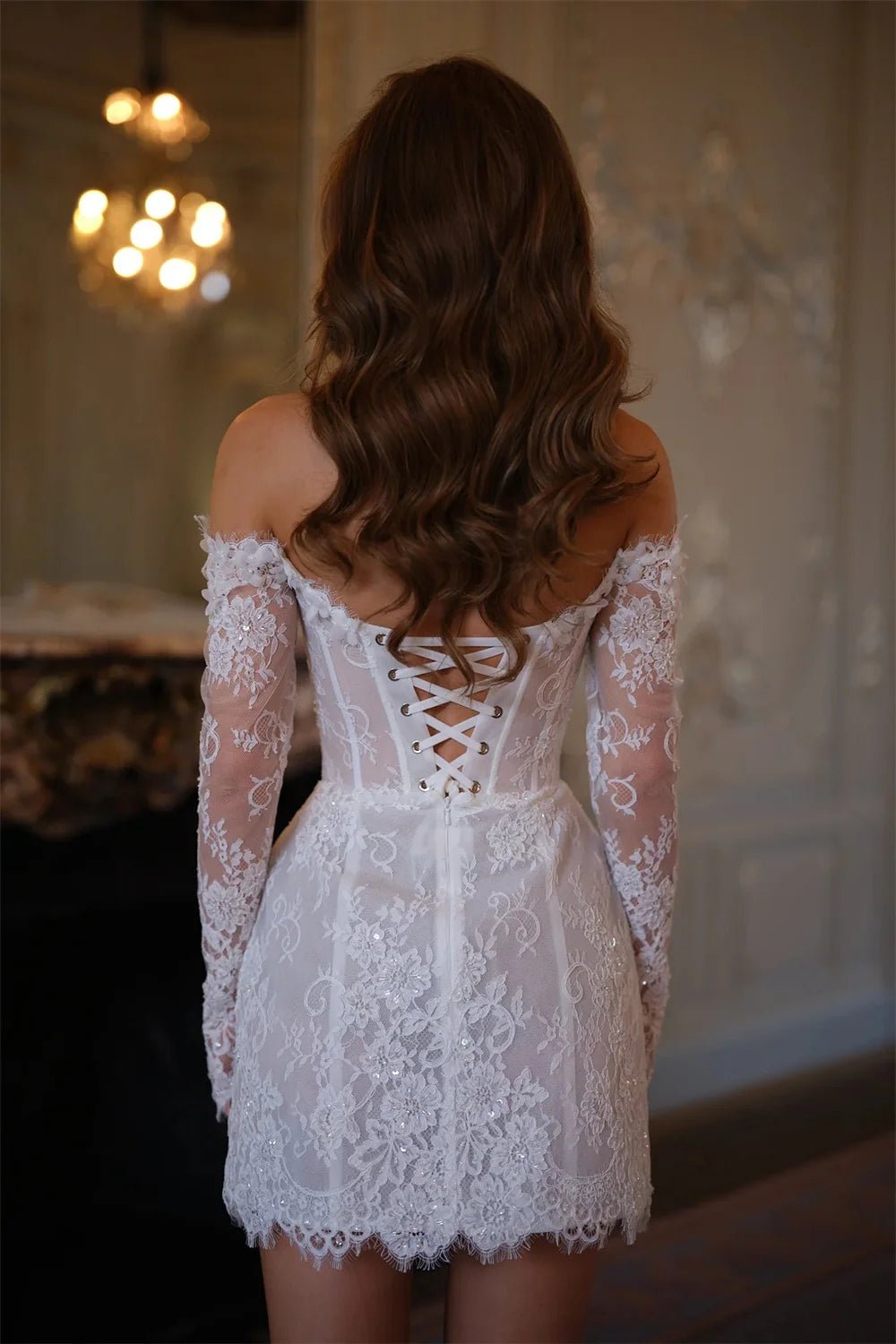 Off-Shoulder Lace Mini Wedding Dress with Lace-Up Back - Luzilly Bridal & Apparel