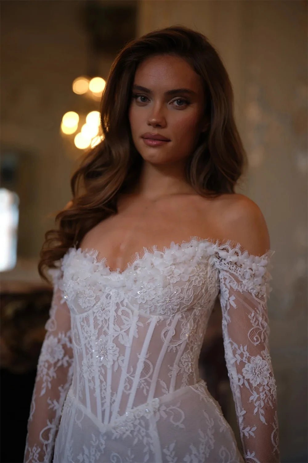 Off-Shoulder Lace Mini Wedding Dress with Lace-Up Back - Luzilly Bridal & Apparel