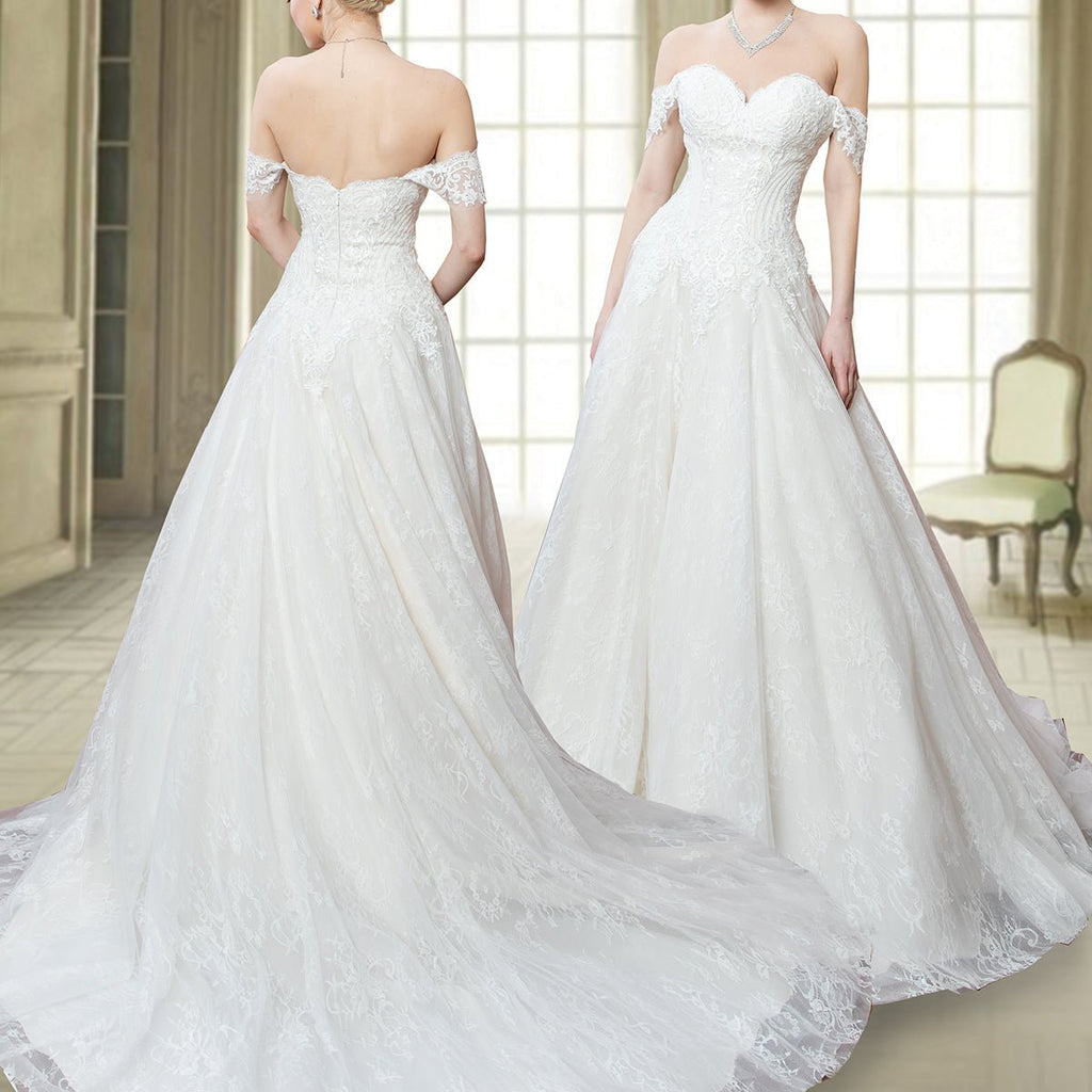 Off-Shoulder Lace Wedding Gown with Train - Luzilly Bridal & Apparel