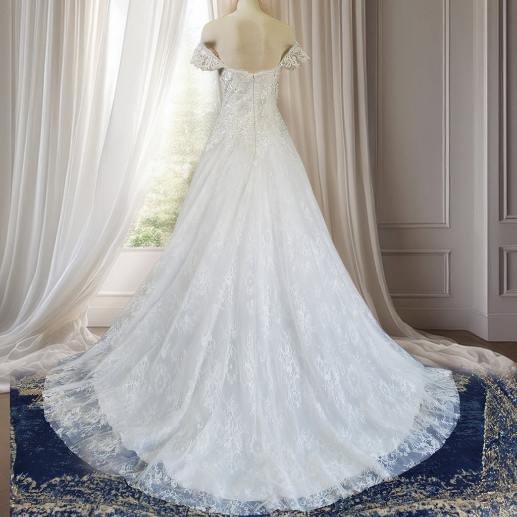 Off-Shoulder Lace Wedding Gown with Train - Luzilly Bridal & Apparel