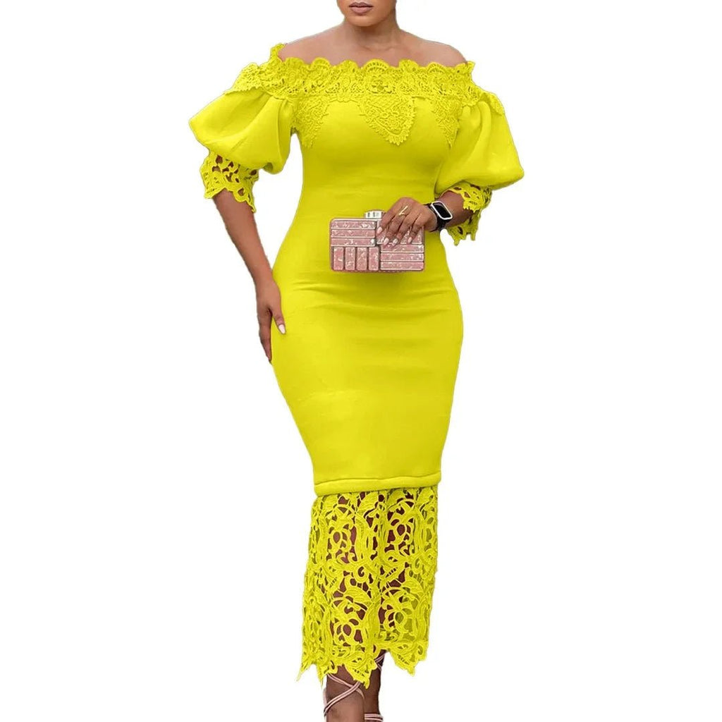 Off-Shoulder Lantern Sleeve Lace Sheath Dress - Luzilly Bridal & Apparel