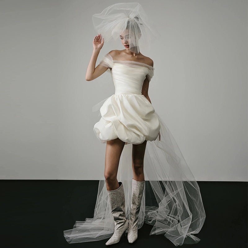 Off-shoulder Light Wedding Dress White Short - Luzilly Bridal & Apparel