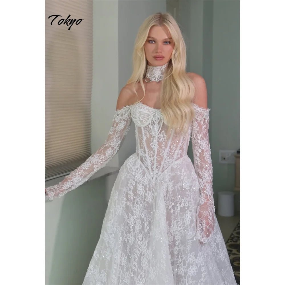 Off-Shoulder Long-Sleeve A-Line Lace Wedding Gown - Luzilly Bridal & Apparel