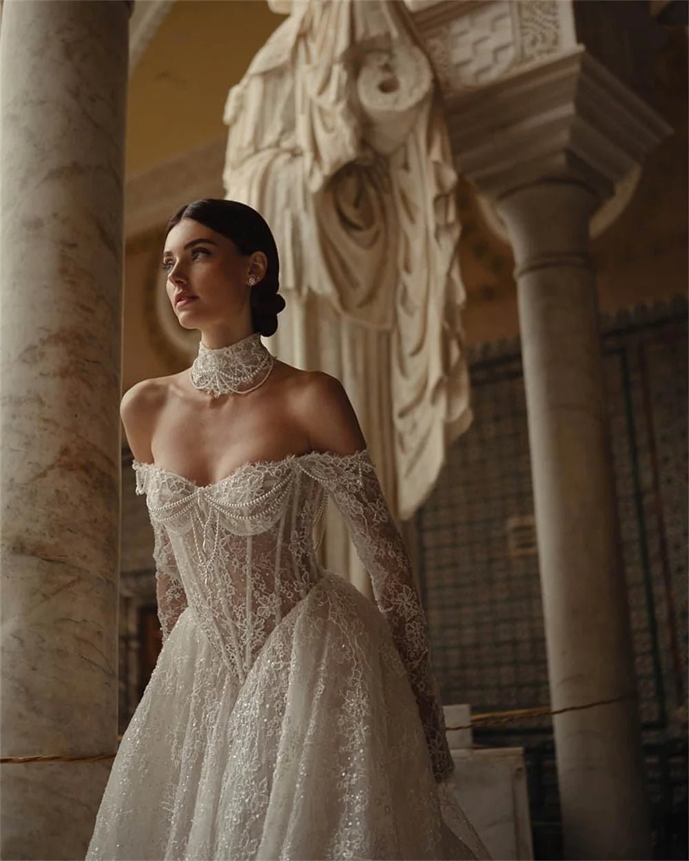 Off-Shoulder Long-Sleeve A-Line Lace Wedding Gown - Luzilly Bridal & Apparel