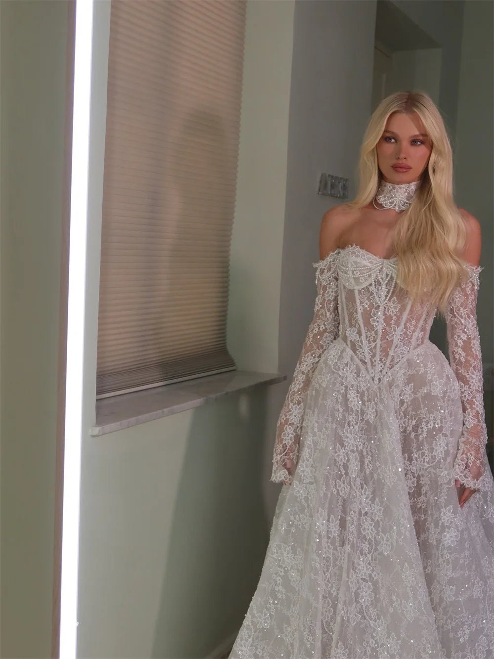 Off-Shoulder Long-Sleeve A-Line Lace Wedding Gown - Luzilly Bridal & Apparel
