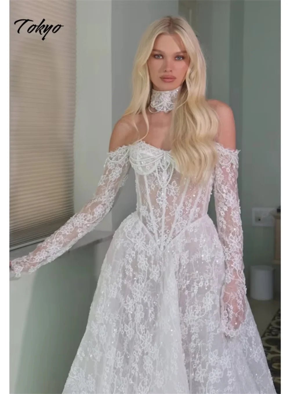 Off-Shoulder Long-Sleeve A-Line Lace Wedding Gown - Luzilly Bridal & Apparel