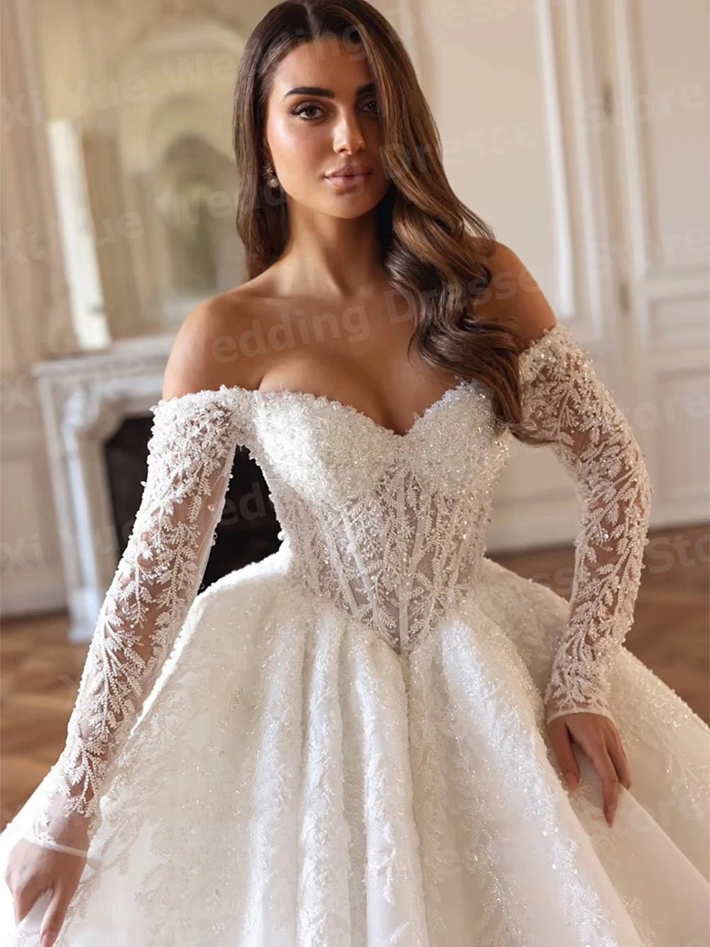 Off-Shoulder Long-Sleeve Appliqué Lace A-Line Wedding Dress - Luzilly Bridal & Apparel