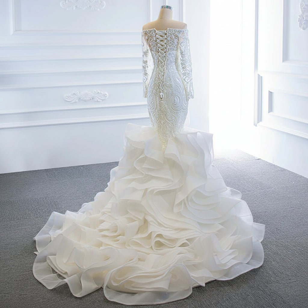 Off-Shoulder Long Sleeve Lace Mermaid Wedding Dress with Crystals - Luzilly Bridal & Apparel