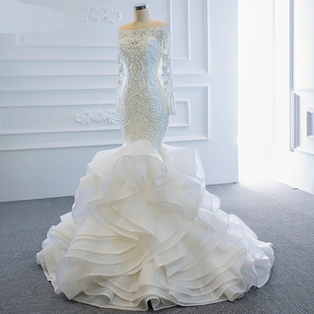 Off-Shoulder Long Sleeve Lace Mermaid Wedding Dress with Crystals - Luzilly Bridal & Apparel