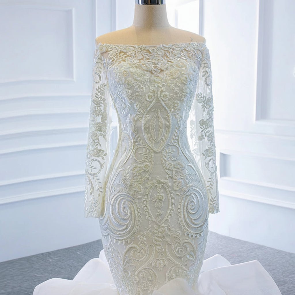 Off-Shoulder Long Sleeve Lace Mermaid Wedding Dress with Crystals - Luzilly Bridal & Apparel