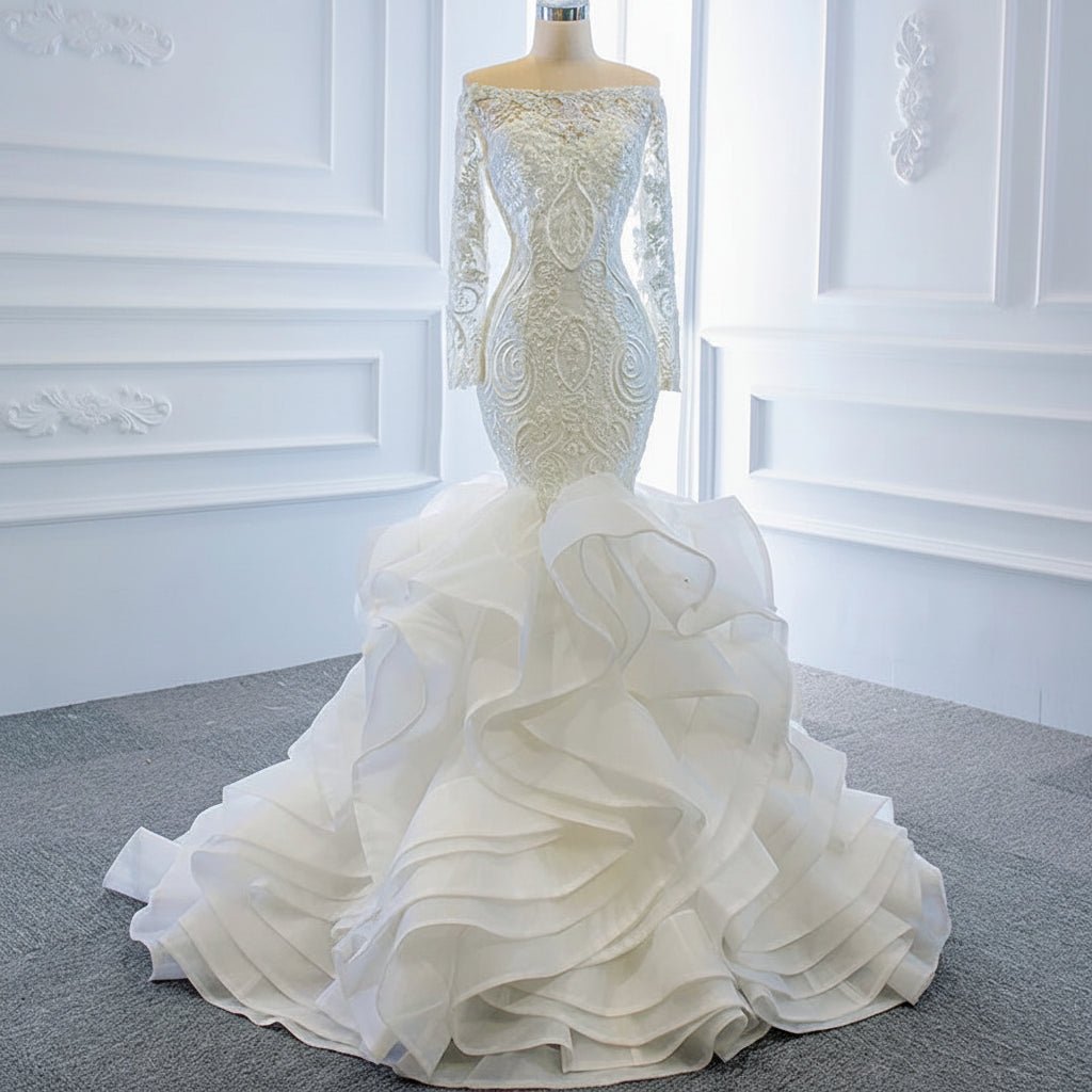 Off-Shoulder Long Sleeve Lace Mermaid Wedding Dress with Crystals - Luzilly Bridal & Apparel