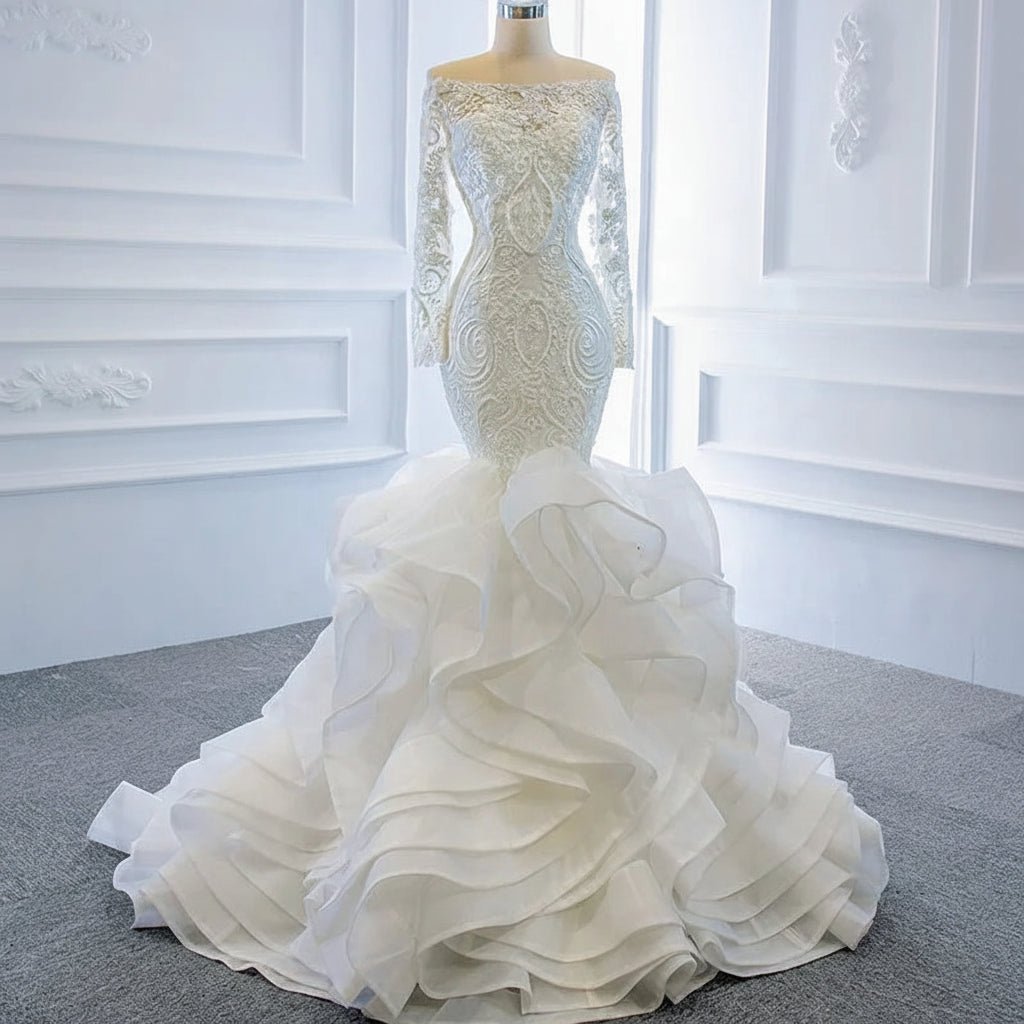 Off-Shoulder Long Sleeve Lace Mermaid Wedding Dress with Crystals - Luzilly Bridal & Apparel