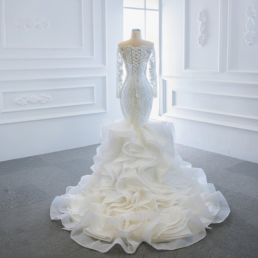 Off-Shoulder Long Sleeve Lace Mermaid Wedding Dress with Crystals - Luzilly Bridal & Apparel