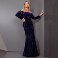 Off-Shoulder Long-Sleeve Sequined Fishtail Gown - Luzilly Bridal & Apparel