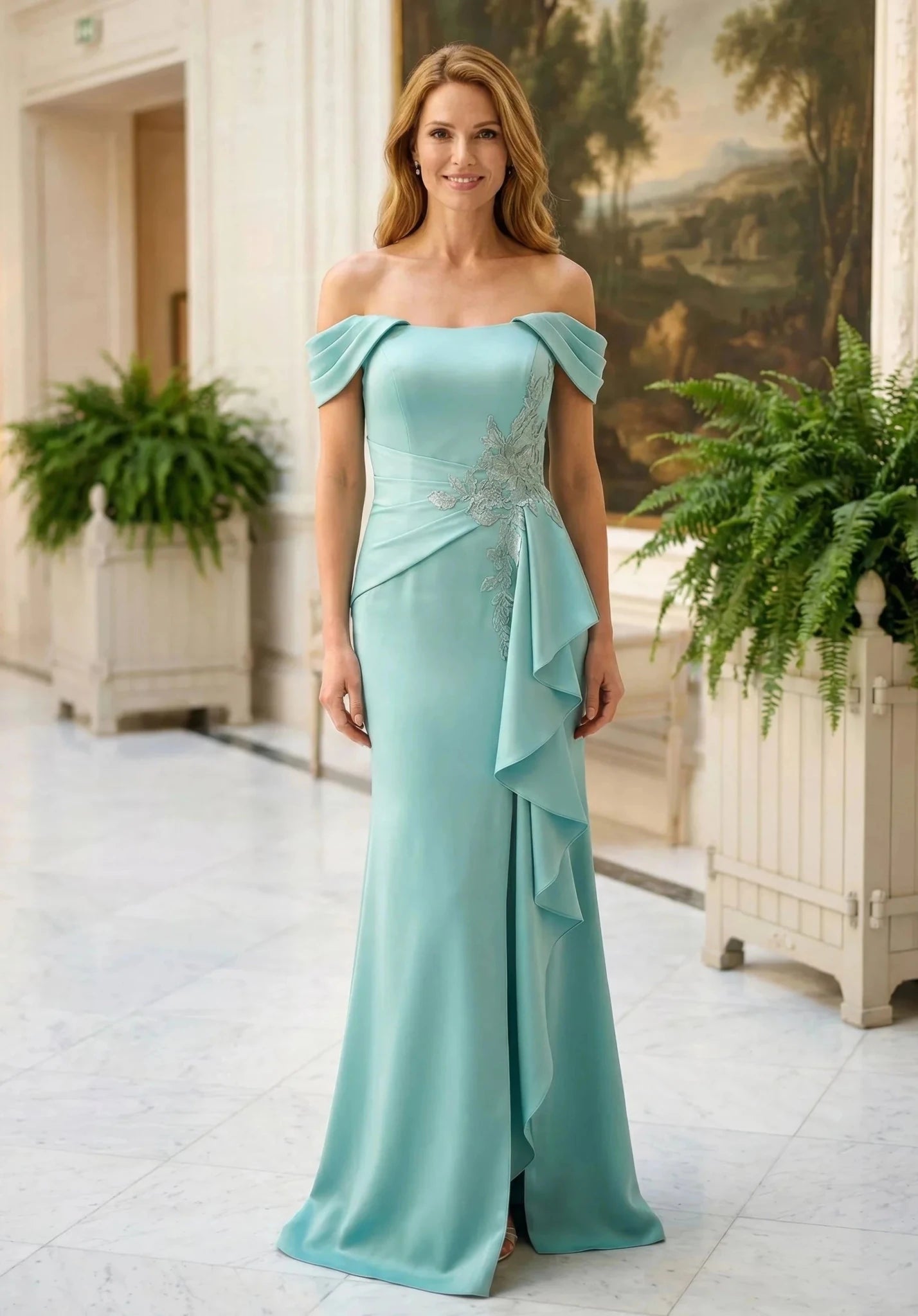 Off-Shoulder Mermaid Mother of the Bride Dress with Draped Cape - Luzilly Bridal & Apparel