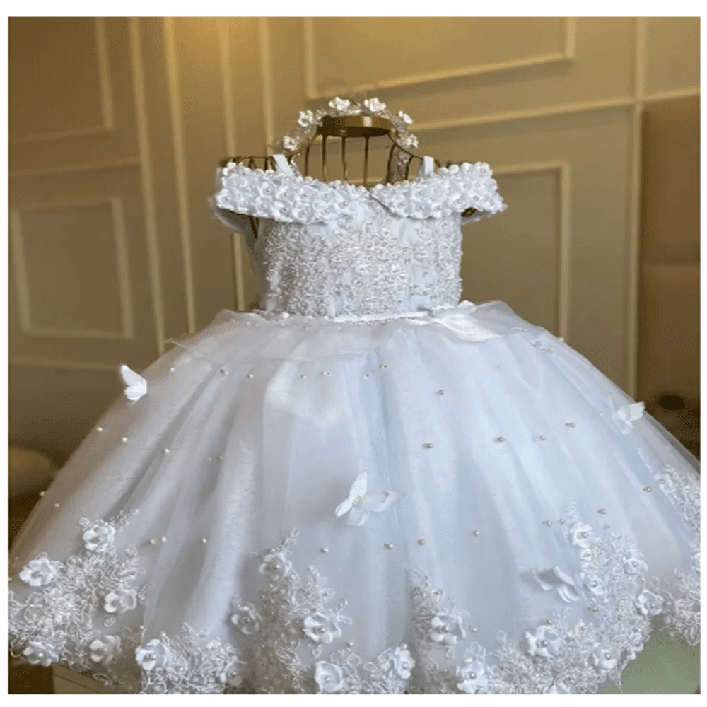 Off-Shoulder Pearl Lace Baby Dress - Luzilly Bridal & Apparel