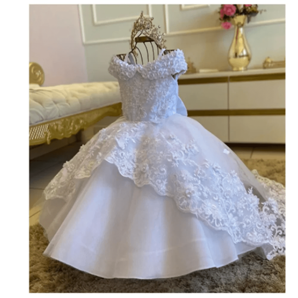 Off-Shoulder Pearl Lace Baby Dress - Luzilly Bridal & Apparel