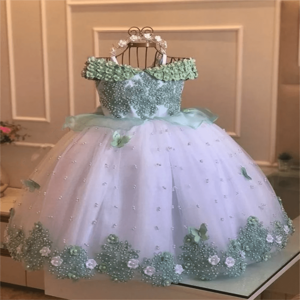 Off-Shoulder Pearl Lace Baby Dress - Luzilly Bridal & Apparel
